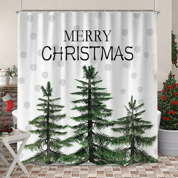 Christmas Shower Curtain, Winter Pine Tree Snowflake Farmhouse Fabric Shower Curtains Set for Bathroom Decoration with Hooks 72 X 72 Inch Cute Grey White Xmas Holiday Bath Decor