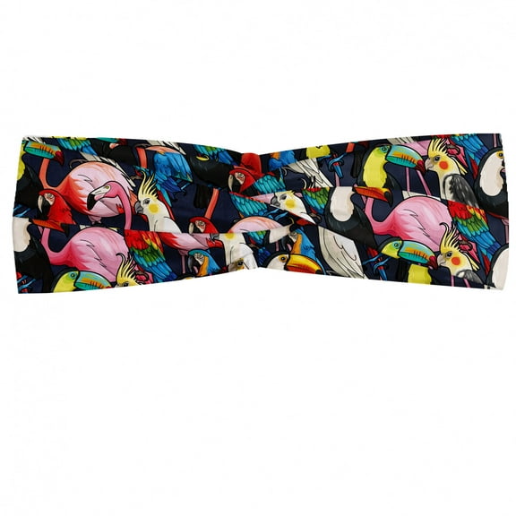 Animal Headband, Colorful Exotic Birds Cockatoo Flamingo Macaw Parrot Toucan Tropic Wildlife Artwork, Elastic and Soft Women's Bandana for Sports and Everyday Use, Grey Red Coconut, by Ambesonne