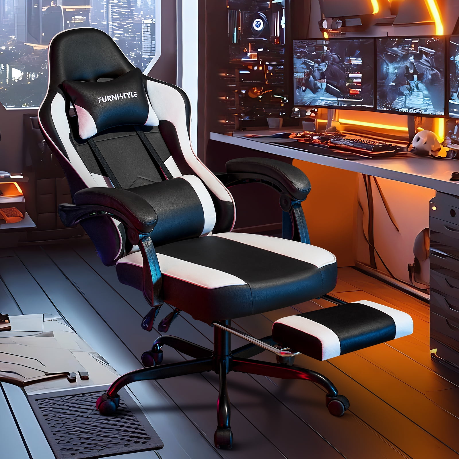 Gaming Chair, Video Game Chair with Headrest and Lumbar Support,High Back Ergonomic Computer Chair with Footrest,Swivel Desk Office Chair, Black