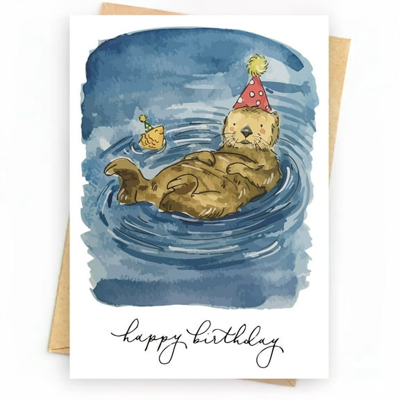 Cute Birthday Card with Playful Otter Design – “Happy Birthday” Greeting – Blank Inside, Envelope Included – Perfect for Friends, Family, and Animal Lovers