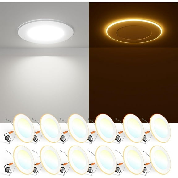 12 Pack 5/6 Inch 5CCT LED Recessed Can Light with Night Light, 2700K/3000K/4000K/5000K/6000K Selectable Flat Recessed Lighting, 10W=110W, 1000LM, Dimmable Retrofit - ETL & FCC