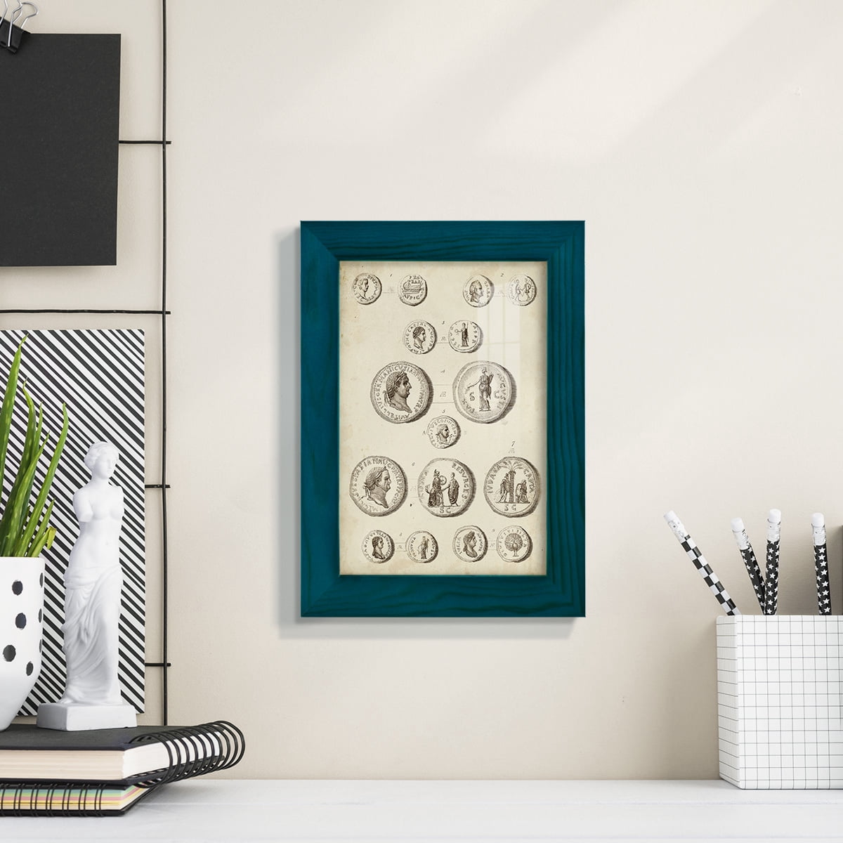 Antique Roman Coins III -Framed Print w/glass-Ocean Blue