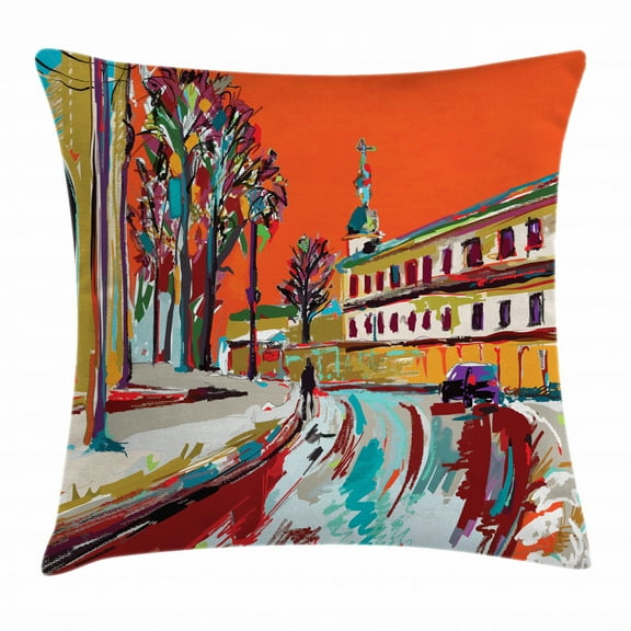 Fine Art Throw Pillow Cushion Cover, Exquisite Old Historical Town Paint with Impressionist Influences Winter Image, Decorative Square Accent Pillow Case, 16 X 16 Inches, Multicolor, by Ambesonne