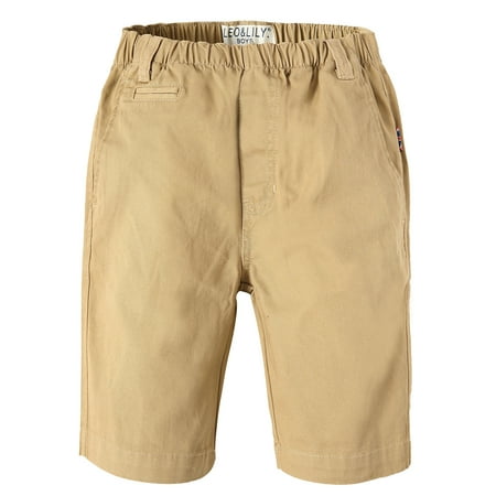 Kiss Cotton Shorts - Leo&Lily Boys Kids Elastic Waist Casual Fine Cotton Chino Shorts (Khaki,10) LLB1058