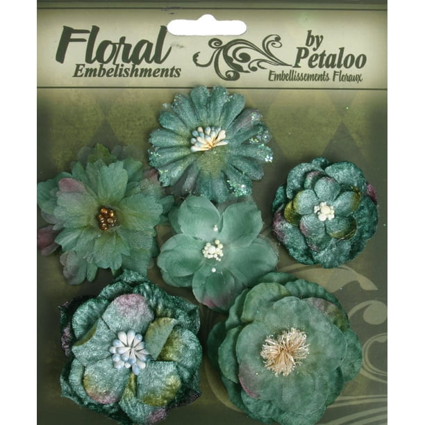 Petaloo 488469 Embellissements Floraux Fleurs Mixtes 6-Pkg-Blue-Green