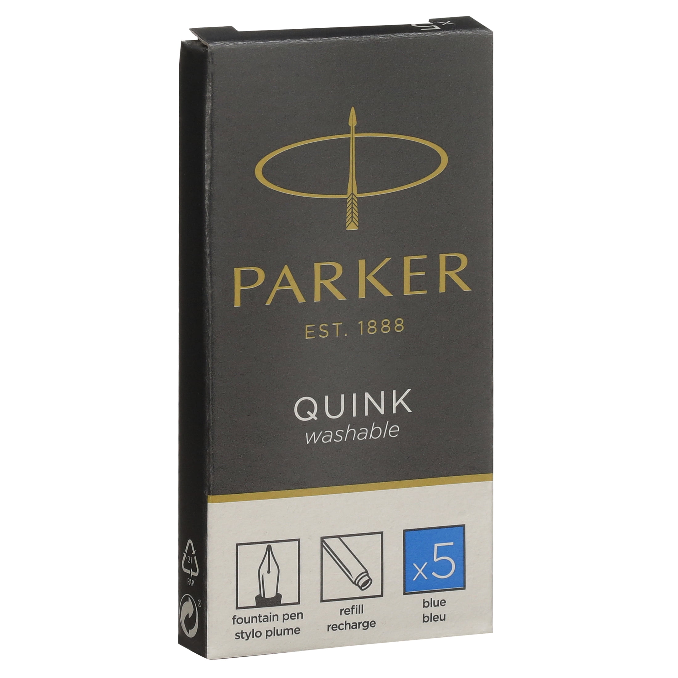 PARKER QUINK Long Fountain Pen Ink Refill Cartridges, Blue, 5