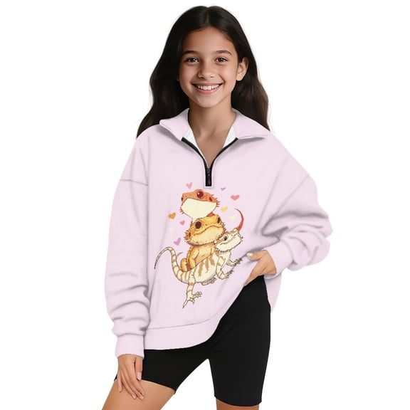 COEQINE Girls Quarter Zip Sweatshirt Pullover, Loose Fit Long Sleeve Fall Tops with Collar, Soft Polyester Fashion Top for Ages 5-6 Machine Washable, Lizard Pink