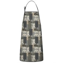 Brown Checkered Geometric and Floral Apron-Garden Aprons for Women with Pockets-Cotton Linen Waterproof Kitchen Cooking Gardening Aprons Adjustable for Kitchen,Cooking,BBQ and Salon 33x27 Inch
