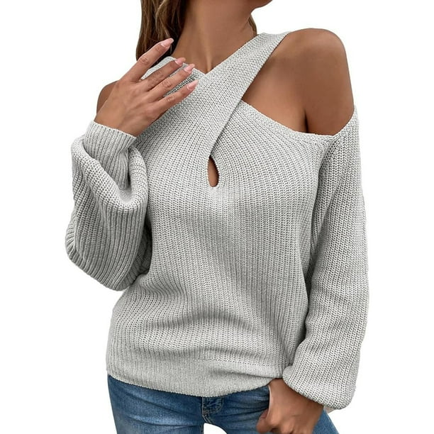 Suéter de punto para mujer, jersey de manga larga, blusa tipo túnica con hombros descubiertos, suéter sexy, prendas de punto básicas elegantes e informales, suéter de punto fino acanalado