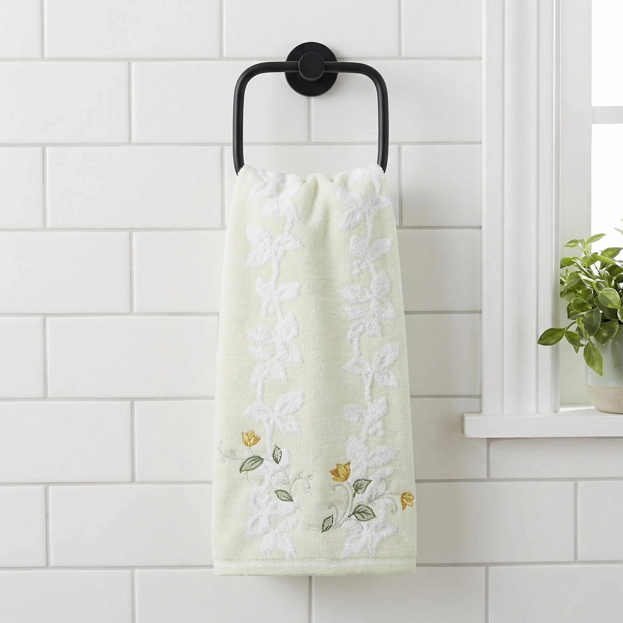 Unique Bargains Cotton Jacquard Hand Towels with Floral Embroidery Green 1pc 27" x 13"