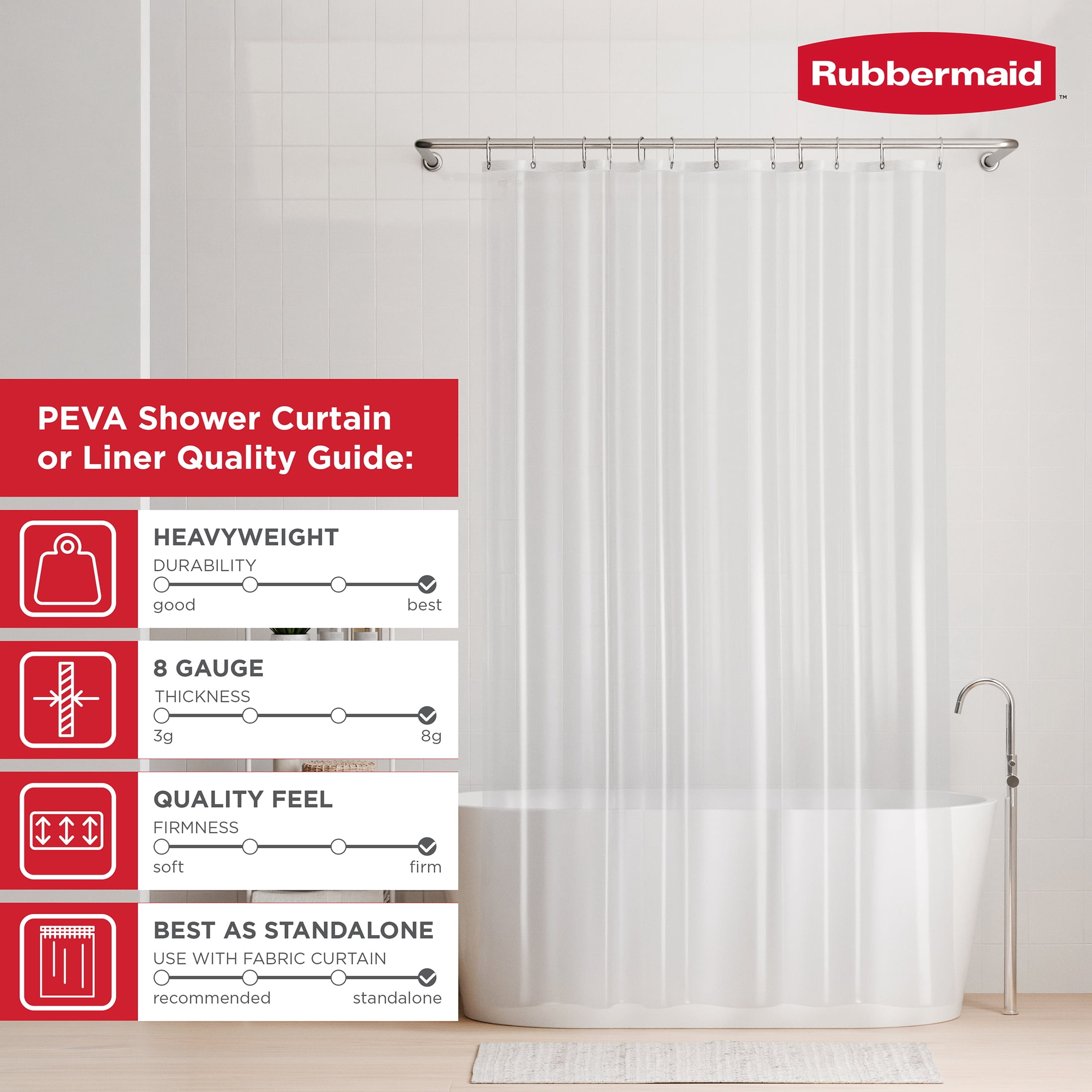Rubbermaid Clear Heavyweight Waterproof PEVA Shower Curtain Liner, BPA-Free, 70 x 72 inches