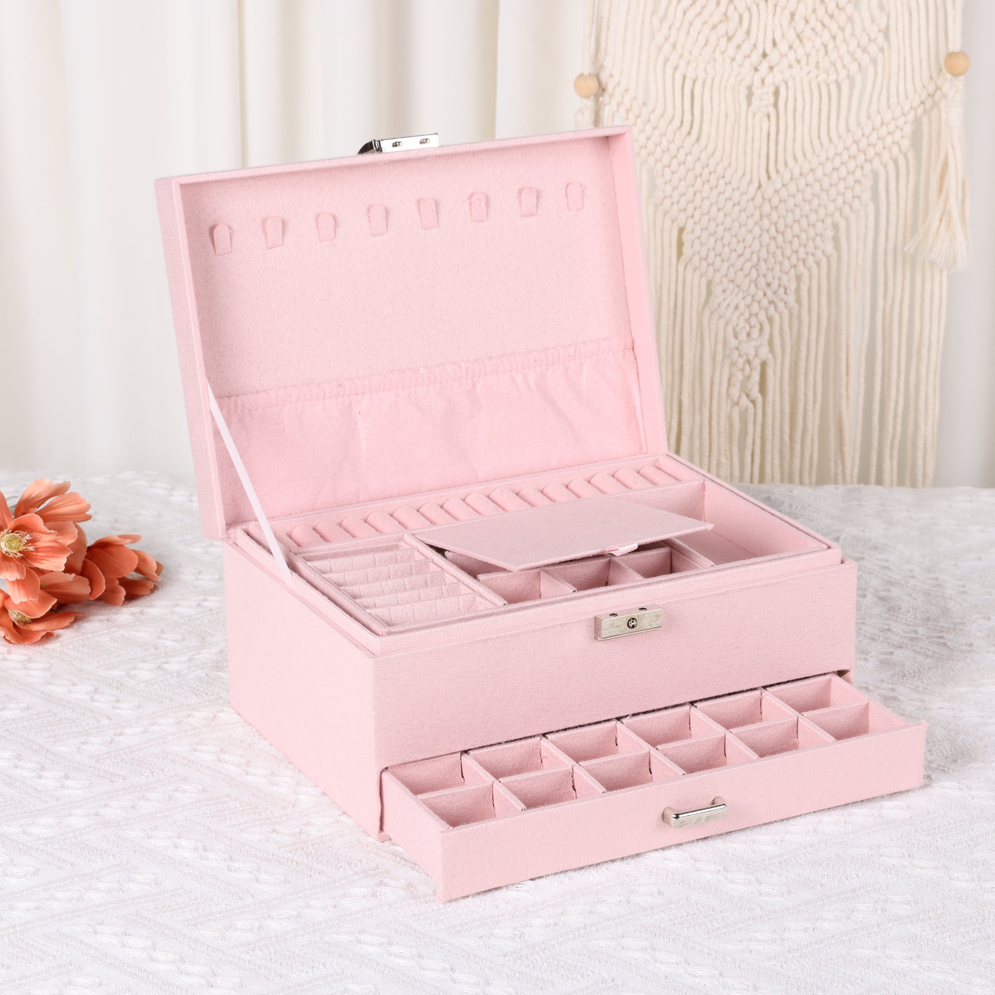 Unique Bargains 3 Layers Jewelry Box Organizer with Drawer Removable Tray Pink
