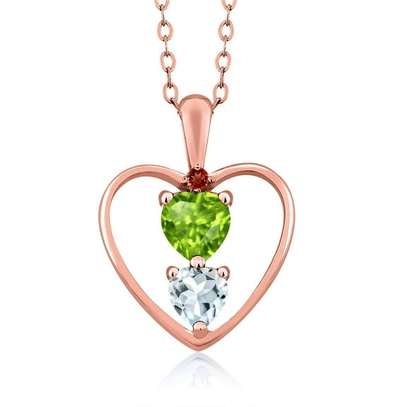 18K Rose Gold Plated Silver Green Peridot Sky Blue Aquamarine and Red Garnet Pendant Necklace for Women (0.76 Cttw, Gemstone August Birthstone, Heart 5MM and 4MM, with 18 inch Silver Chain)