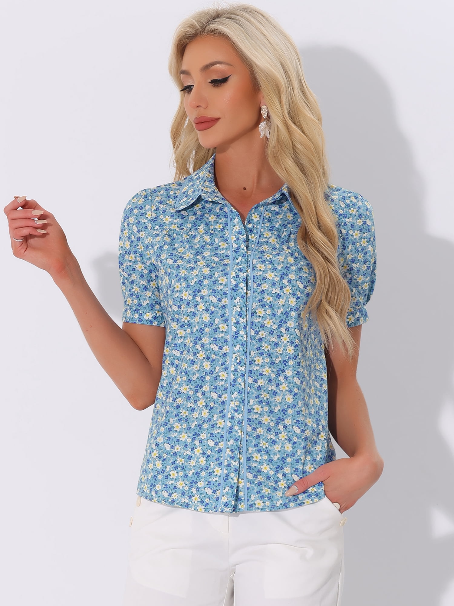 DARING DIVA Contrast Trim Puff Sleeve Peasant Shirt S Light Blue