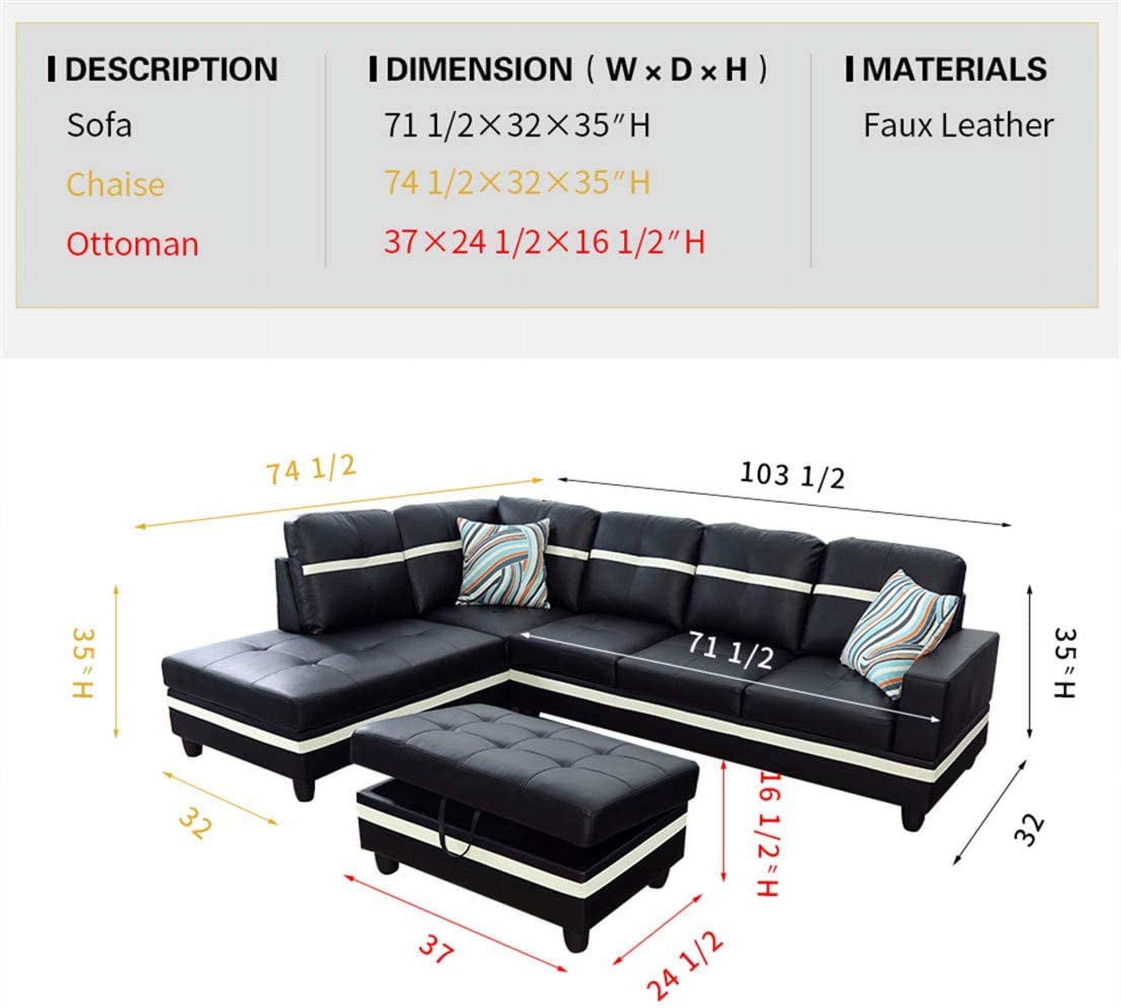 Ainehome Furniture Leather Sectional Sofa, 3 Piece L Shaped Living Room Couch Sets with Chaise Storage Ottoman and Pillows
