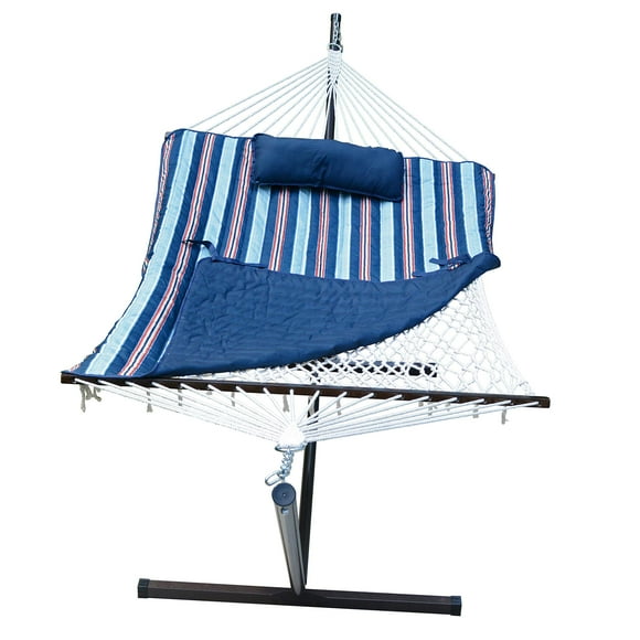 Algoma Net Company 12 Foot Steel Hammock Stand with Cotton Rope Hammock Combo, Quilted Polyester Hammock Pad and Pillow Kingston Stripe