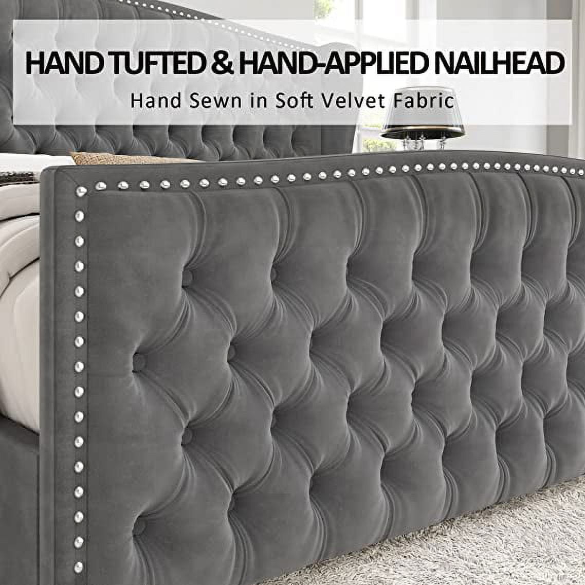 Amerlife Queen Bed Frame with Velvet Upholstery, Tufted Wingback Headboard and Nailhead Trim, Grey