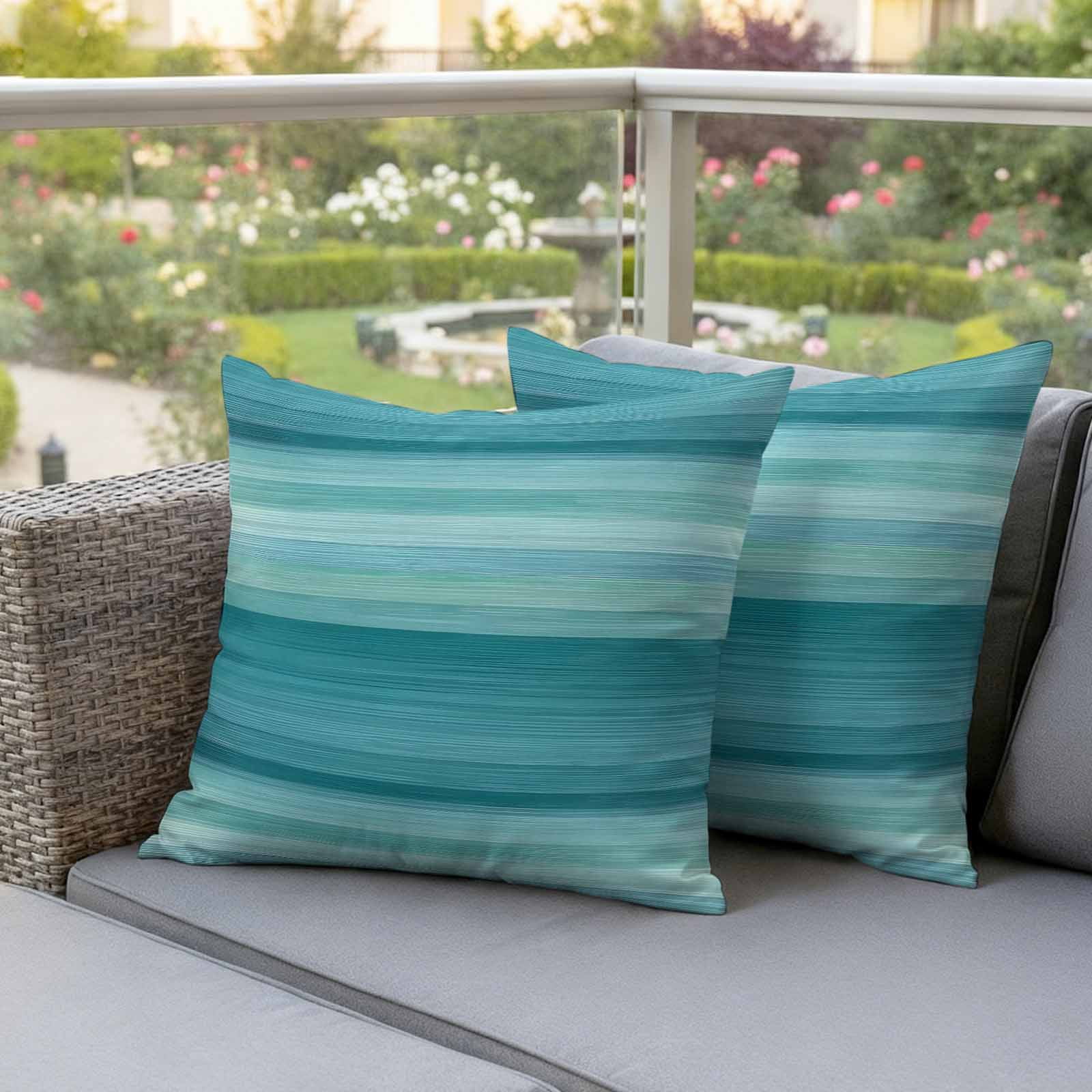 Teal Turquoise Aqua Ombre Outdoor Waterproof Pillow Covers, Contemporary Abstract Lines Decorative Square Throw Pillowcase Sofa Cushion Sham for Patio/Couch/Chair, 20"x20" 2 Pack