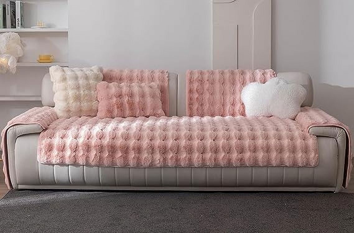 Nvzi Luxury Thick Faux Fur Plush Couch Cover Ultra Soft Anti-Slip Sofa Cover Fluffy Furry Sofa Slipcover Washable Furniture Protector for Kids Dogs Cats Pet (Pink,28"x28")