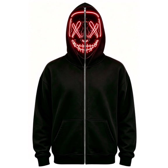 Ghost Face Full Zip Masked Hoodie, Black Long Sleeve Glowing Hooded Sweatshirt Outfit for Men Women Halloween