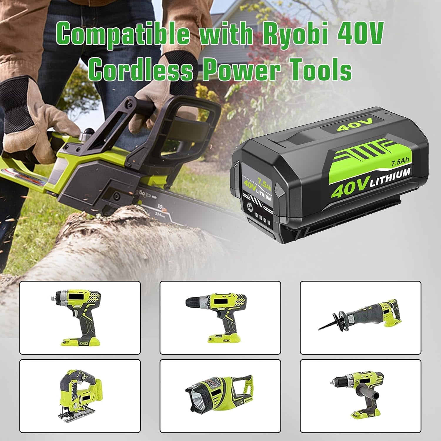 1 Pack Upgraded to 7.5Ah Replacement for Ryobi 40V Battery Compatible with Ryobi 40 Volt Lithium ion Battery OP4075A OP40601 OP40602 OP4040 OP40404(Green)
