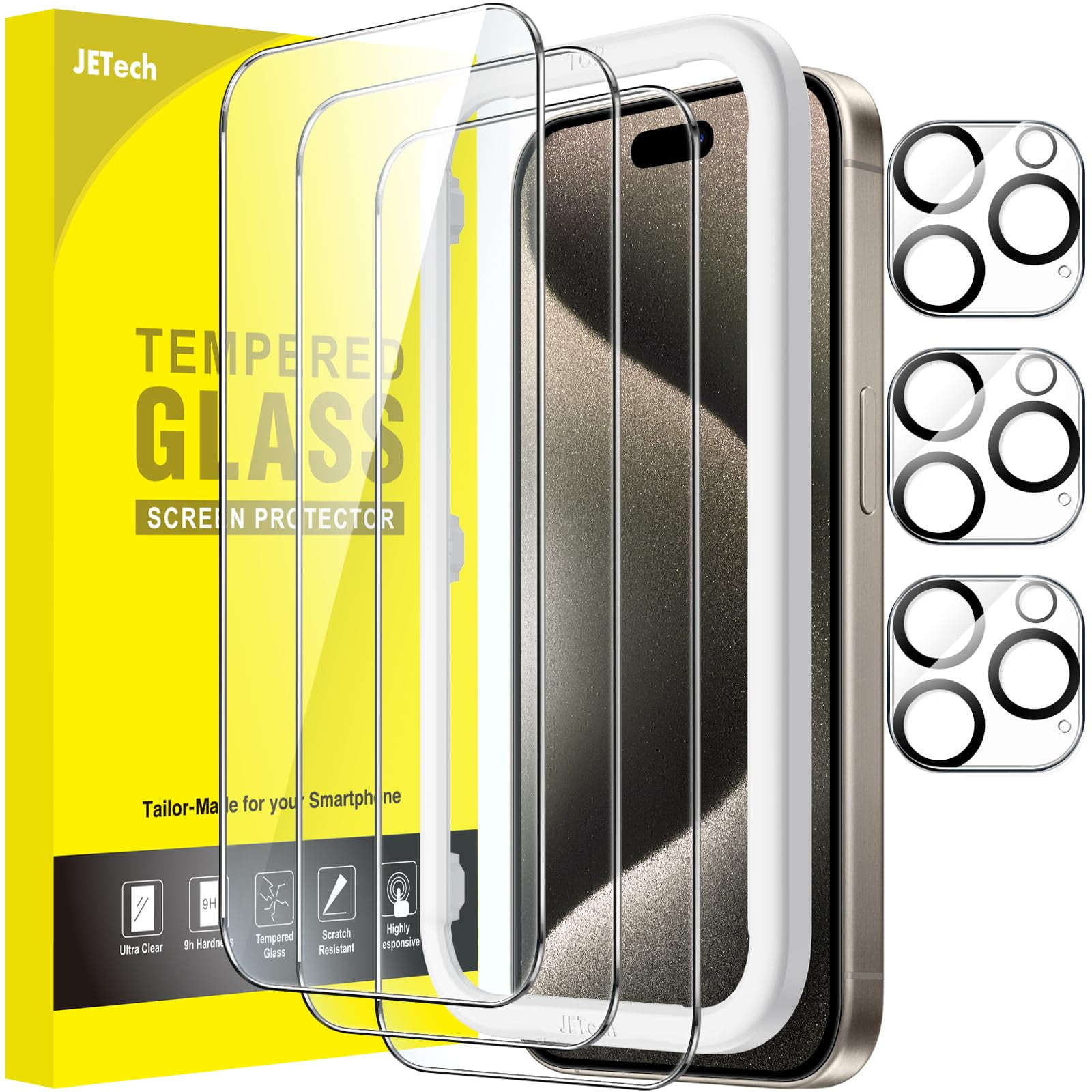 JETech Screen Protector for iPhone 15 Pro Max 6.7-Inch with Camera Lens Protector, Bubble Free, Easy Installation Tool, Tempered Glass Film, HD Clear, 3-Pack Each