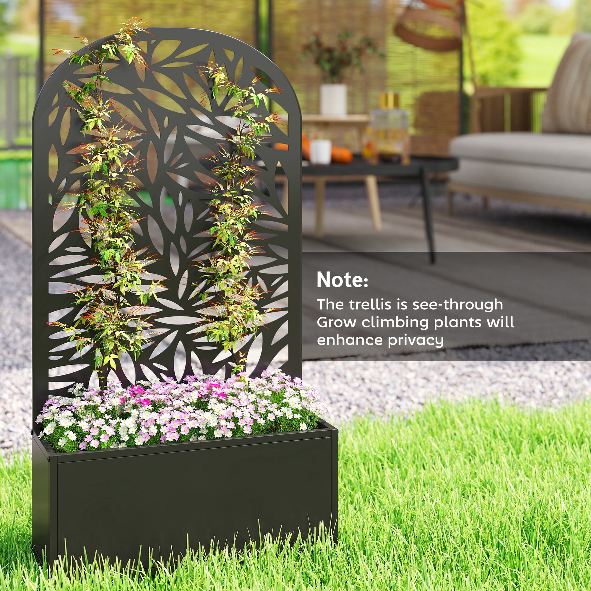 Outsunny Metal Raised Garden Bed with Trellis, Freestanding or Wall Mounted Raised Flower Bed with Curved Privacy Panel for Garden, Patio, Balcony