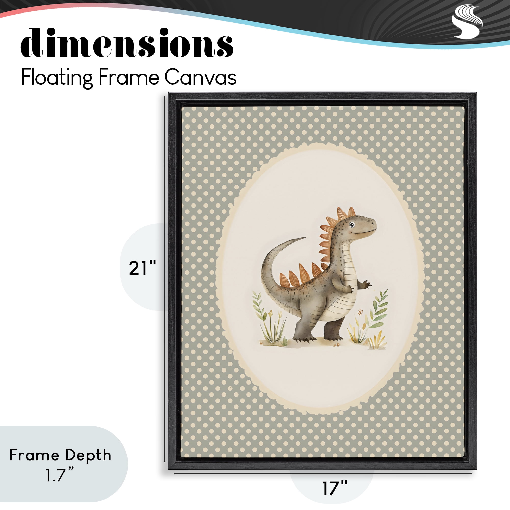 Stupell Industries Watercolor Dinosaur Polka Dot Border Black Framed Floater Canvas Wall Art, design by LSR Design Studio