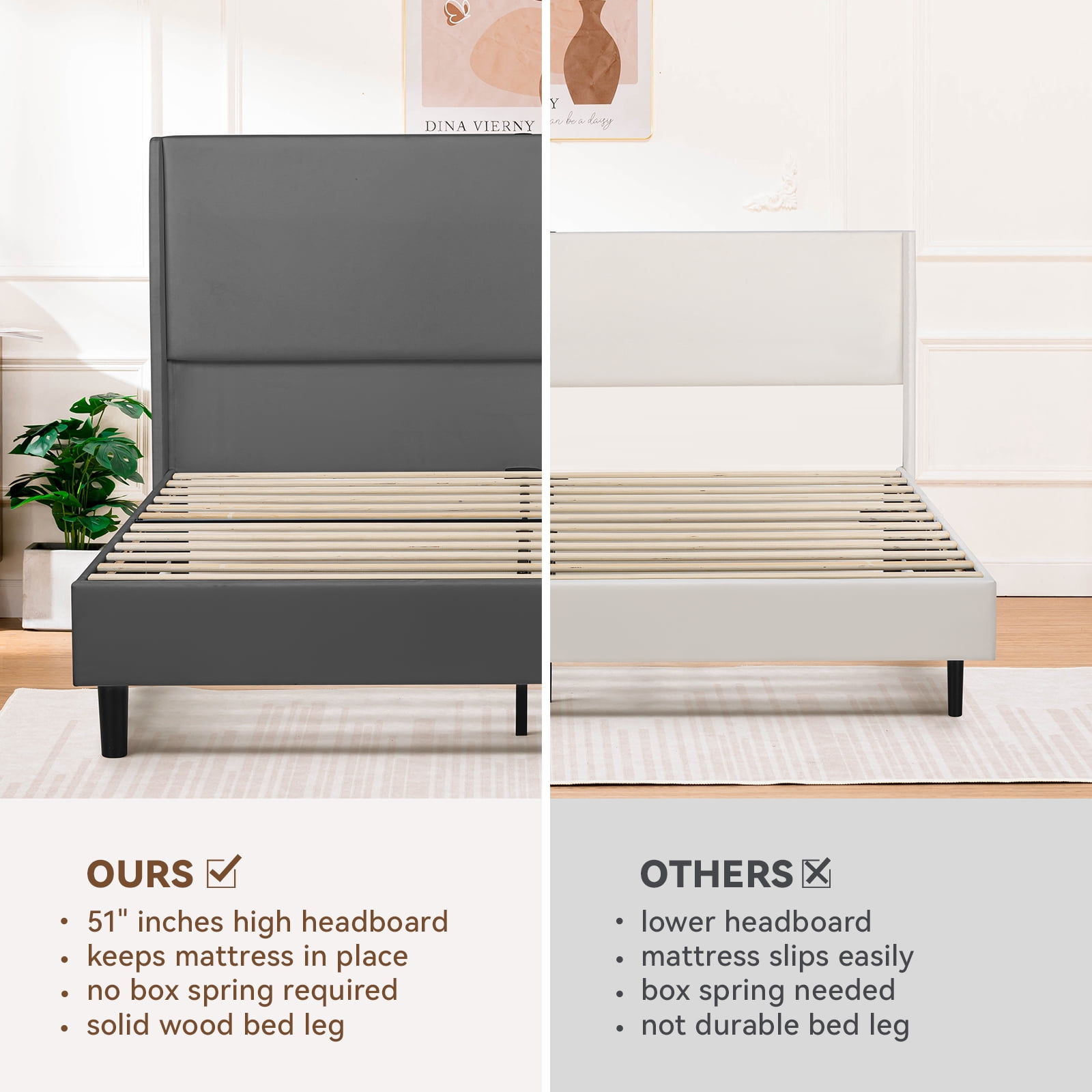 COMHOMA Queen Bed Frame with Type-C & USB, Upholstered Bed Frame with 51" High Headboard Tall, White Bed Frame with Wood Slat Support, Wingback Headboard,Grey