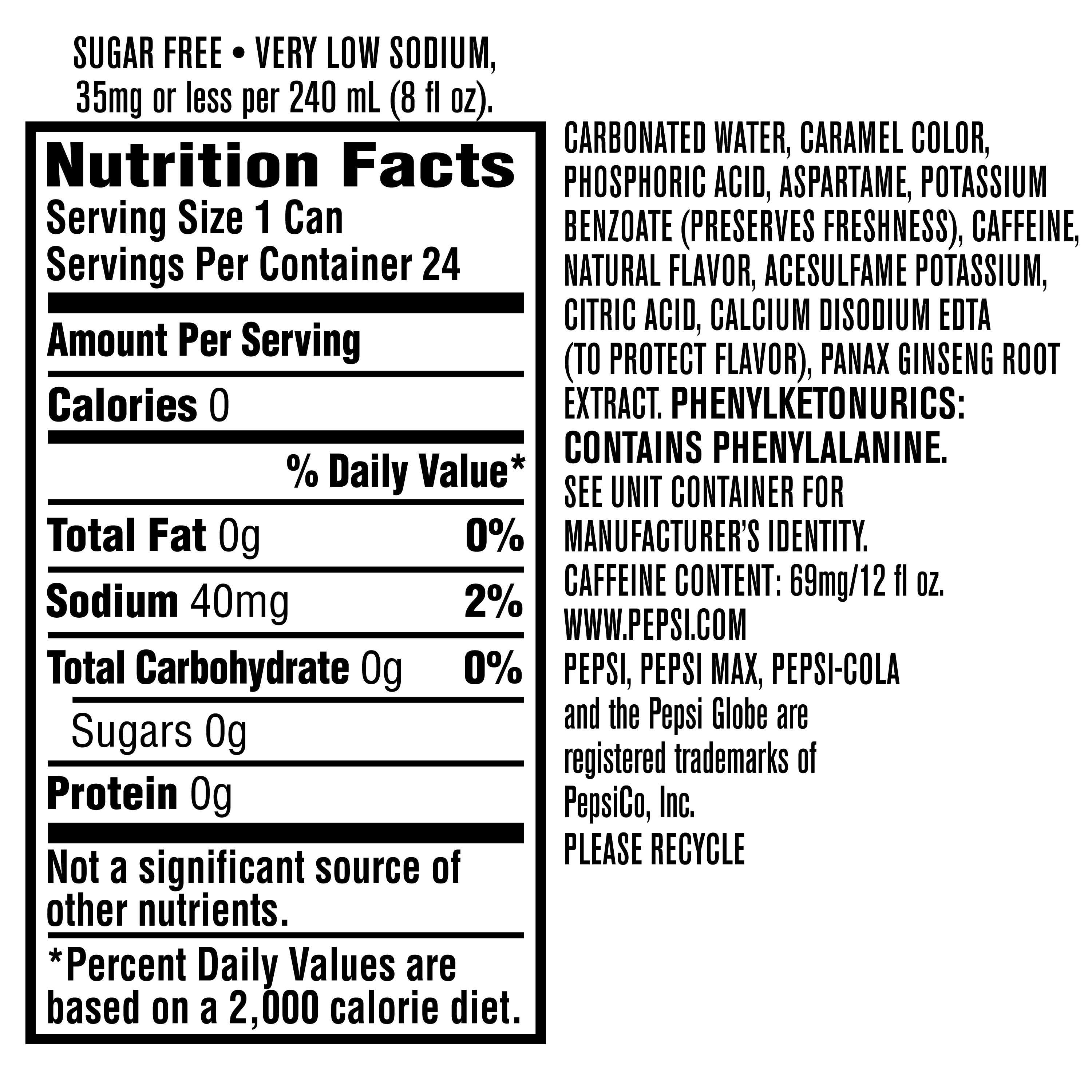 Pepsi Max Nutrition Label