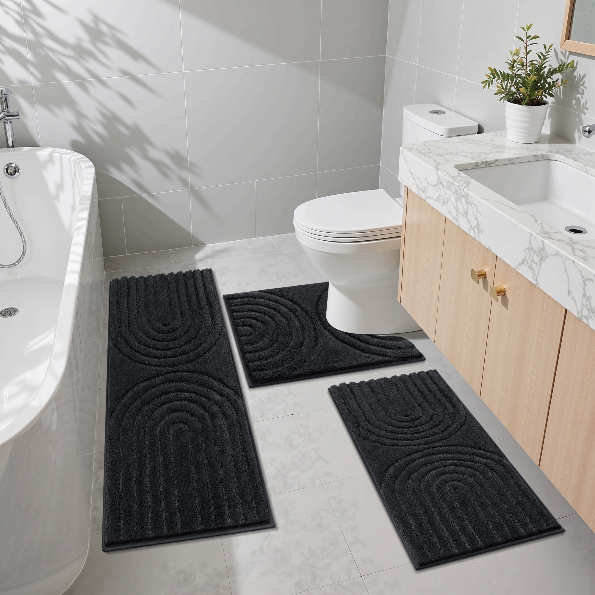 Vaukki Geometric Bathroom Rug Set of 3 Microfiber Soft Absorbent Non Slip Bath Rugs for Bathroom，(18"x26"+20"x47"+20"x24"，Black)