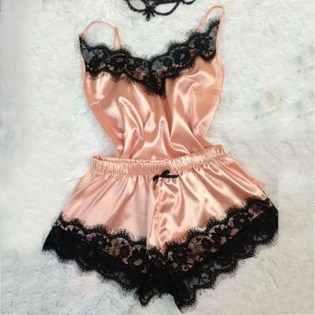 

TANGNADE 2PC Lingerie Women Babydoll Nightdress Nightgown Sleepwear Underwear Set Pink + 3XL
