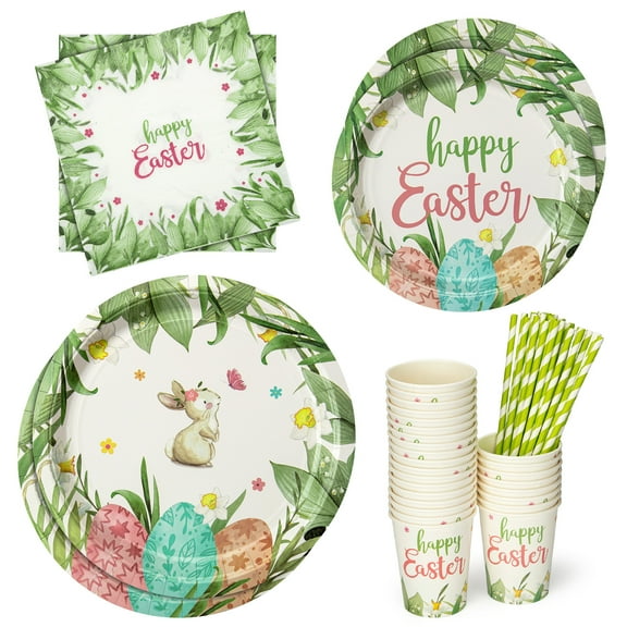 Sangdo Easter Paper Plates and Napkins Sets, 140pcs Easter Party Supplies, Disposable Tableware Set Includes Paper Plate Napkins Cups Straws