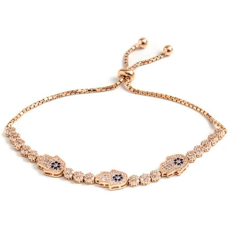 Pori Jewelers Multi CZ 18kt Rose Gold-Plated Sterling Silver Hamsa Friendship Bolo Adjustable Bracelet