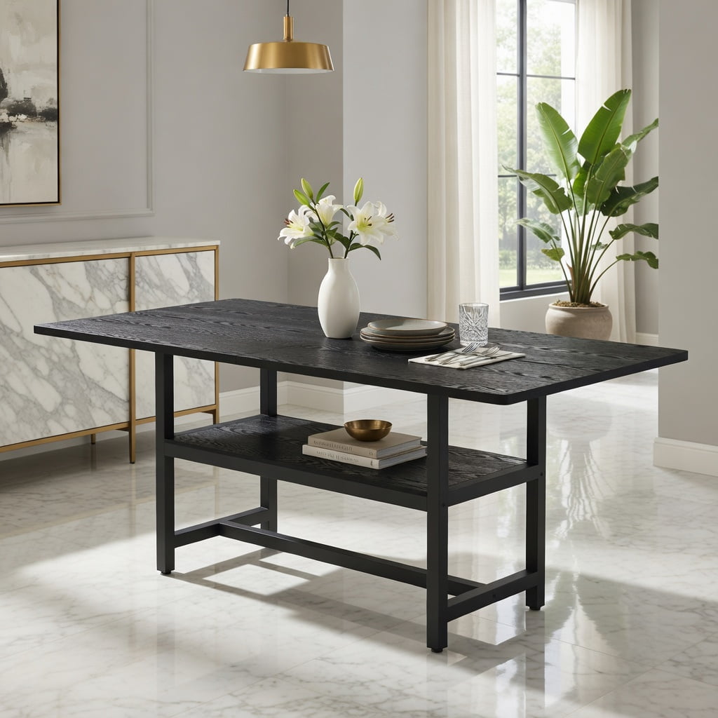 Hommoo Modern MDF Dining Table 71in x 35.4in with Built-in Storage Shelf, Minimalist Industrial Style Extendable-Look Solid Table for Family Meals & Small Spaces, Black