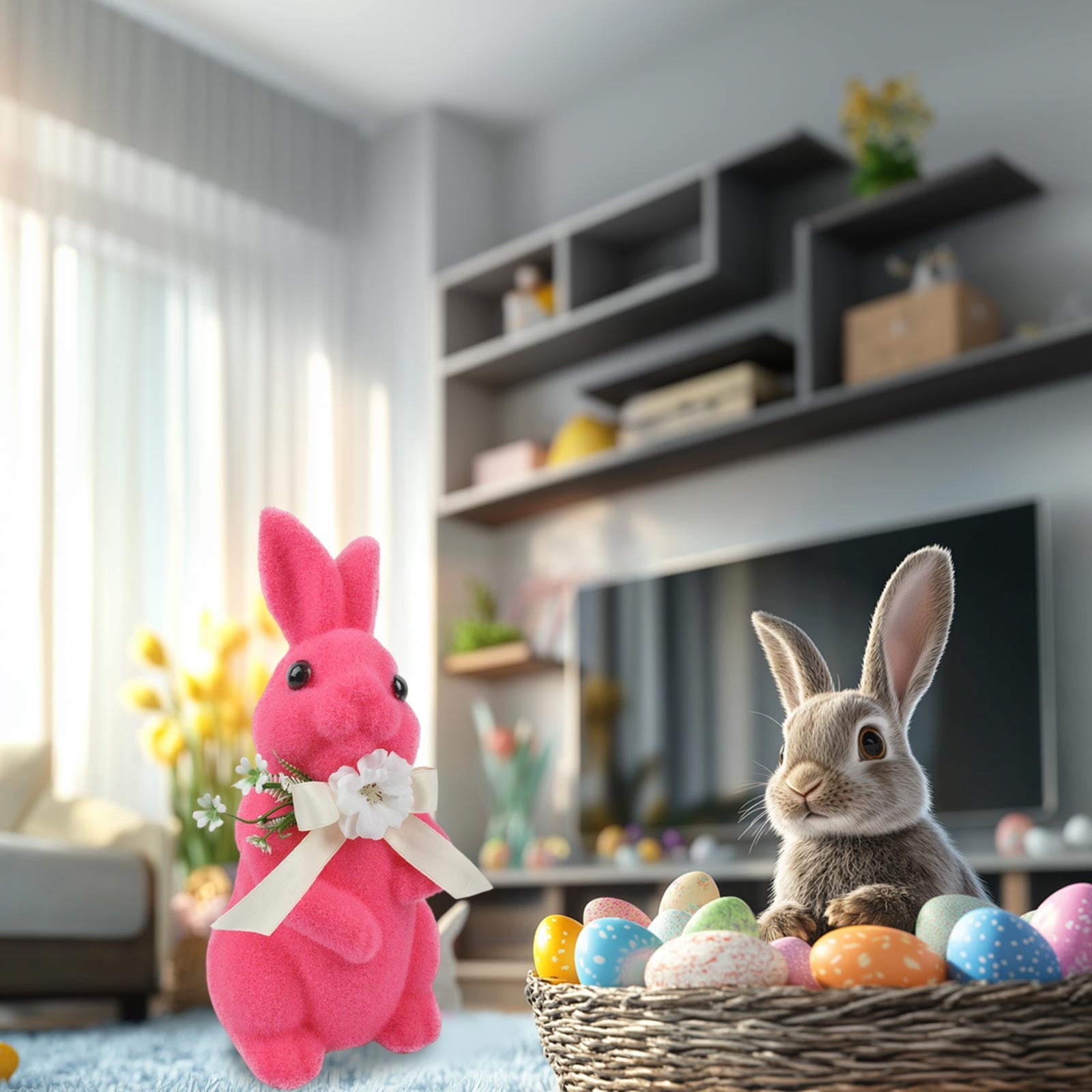 Moss Flocked Bunny Statue, Artificial Grass Easter Decor, Spring Garden Patio Table Centerpiece(Hot Pink-B)