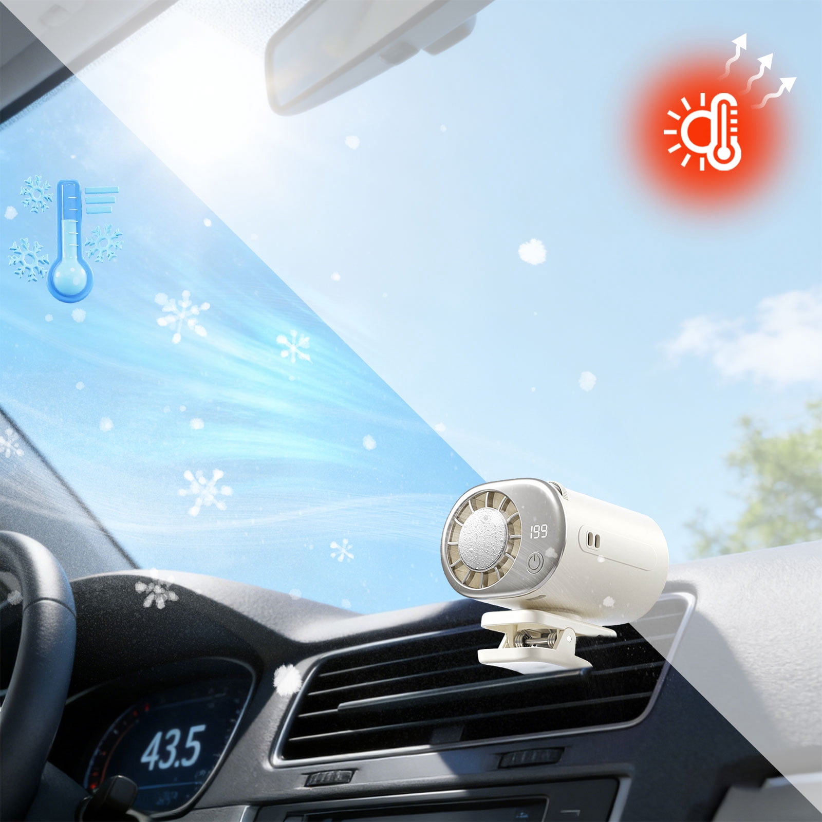 2026 Car Clip On Air Conditioner Fan LED Display 360 Rotation 199 Speeds Adjustable USB Rechargeable