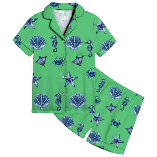 Girls Satin Pajama Set With Ocean Print Design Soft Comfortable Loungewear For Toddler To Teen Year Round Wear