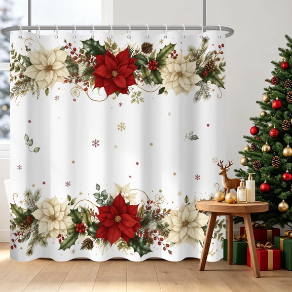 Tchckioa Winter Christmas Flowers Shower Curtain,72x72 Inch Waterproof Hooks Bath Curtain for Bathroom