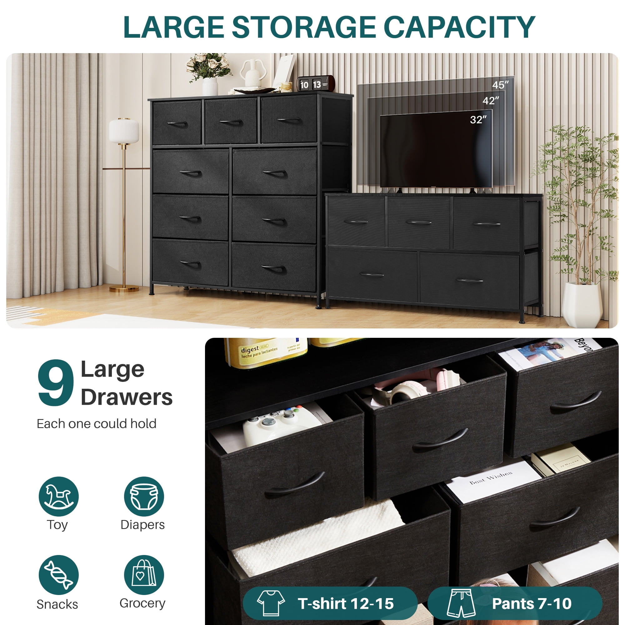Nextay 9-Drawer Fabric Dresser for Bedroom, Storage Dresser Closet with Steel Frame & Wooden Top for Living Room, Dressing Room, Entryway, Black