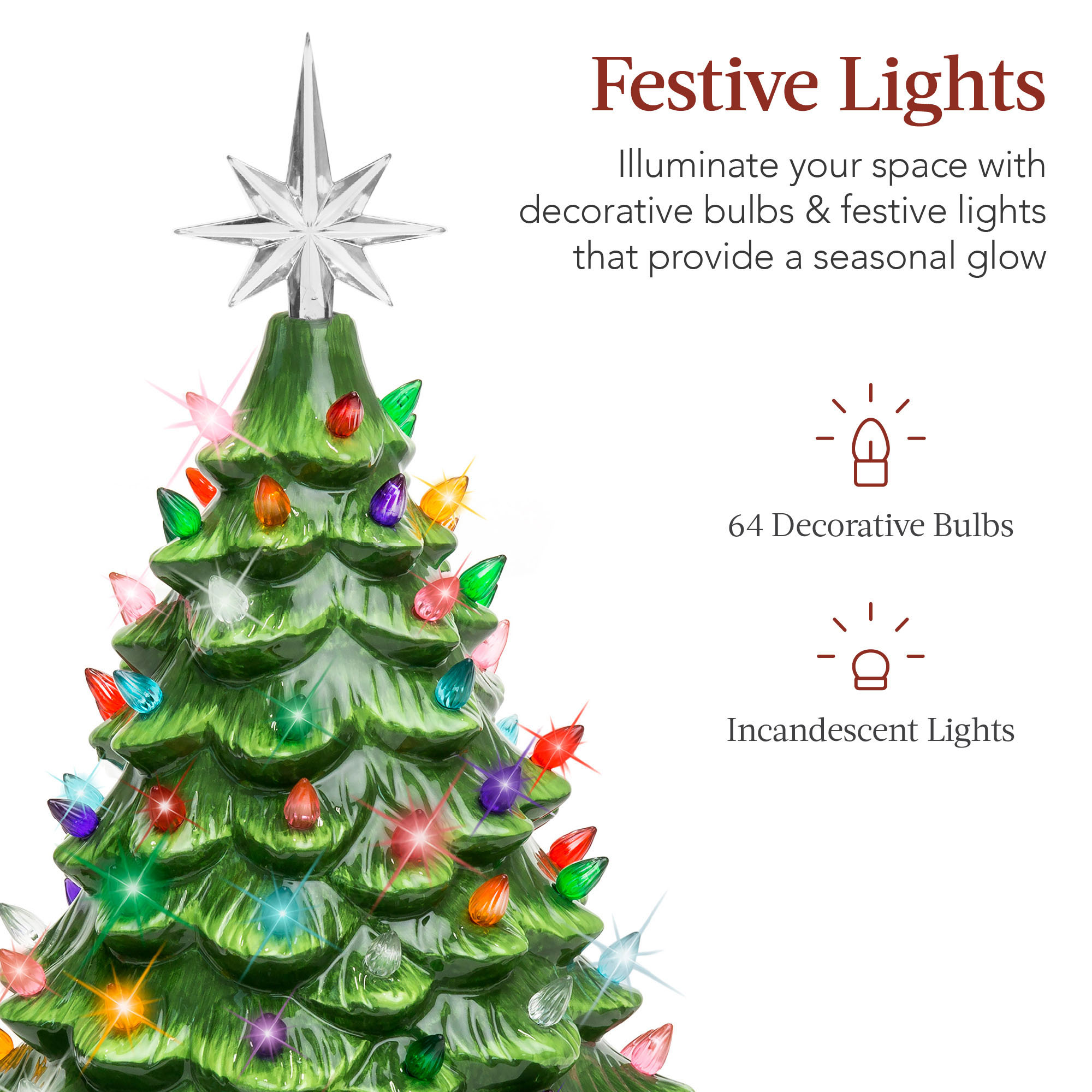 Best Choice Products 15in Ceramic Christmas Tree, Pre-lit Hand-Painted Holiday Decor w/ 64 Lights - Green w/ Multicolor Bulbs - image 3 of 7