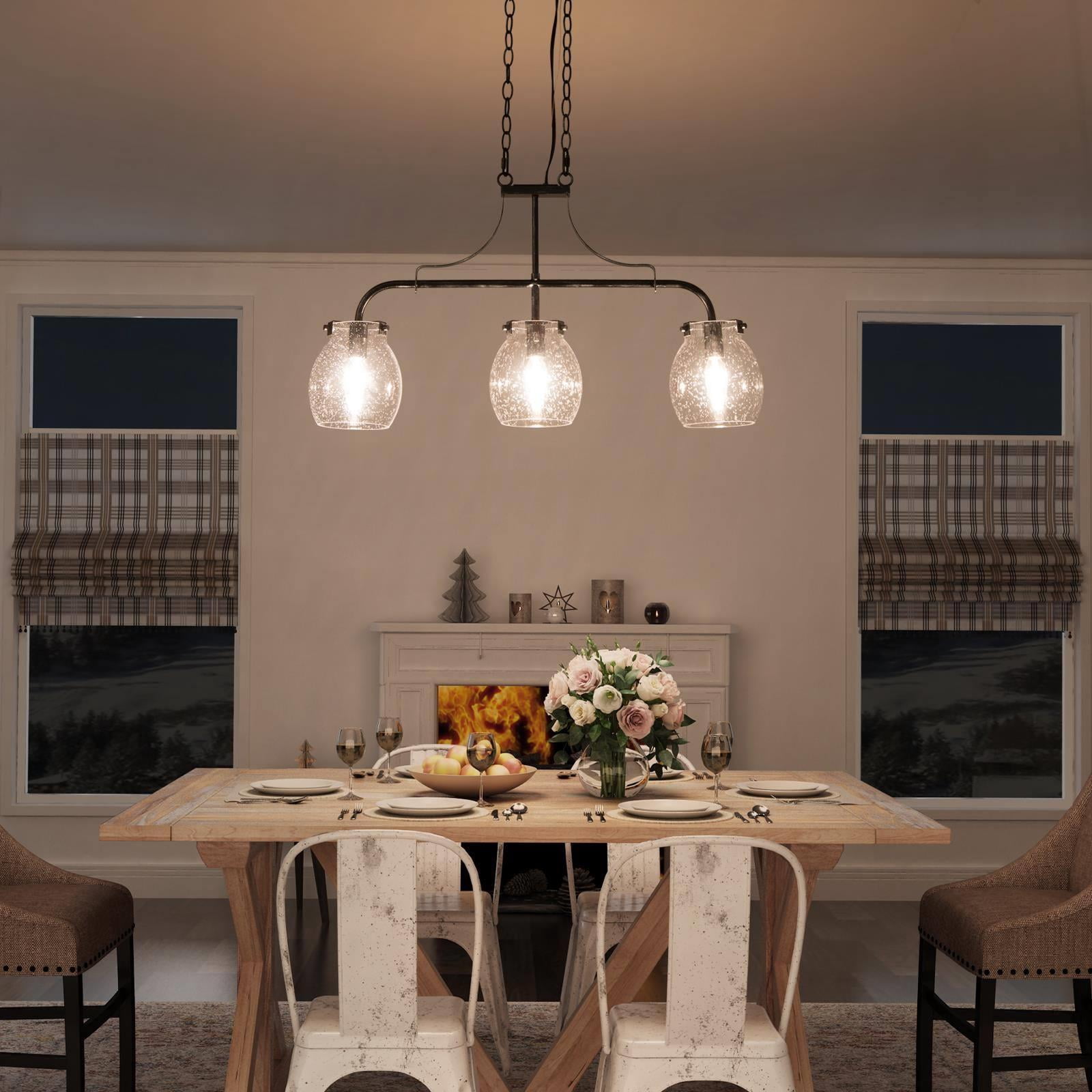 LNC 3-Light Mottled Black Linear LED Pendant with Seeded Glass for Kitchen Island