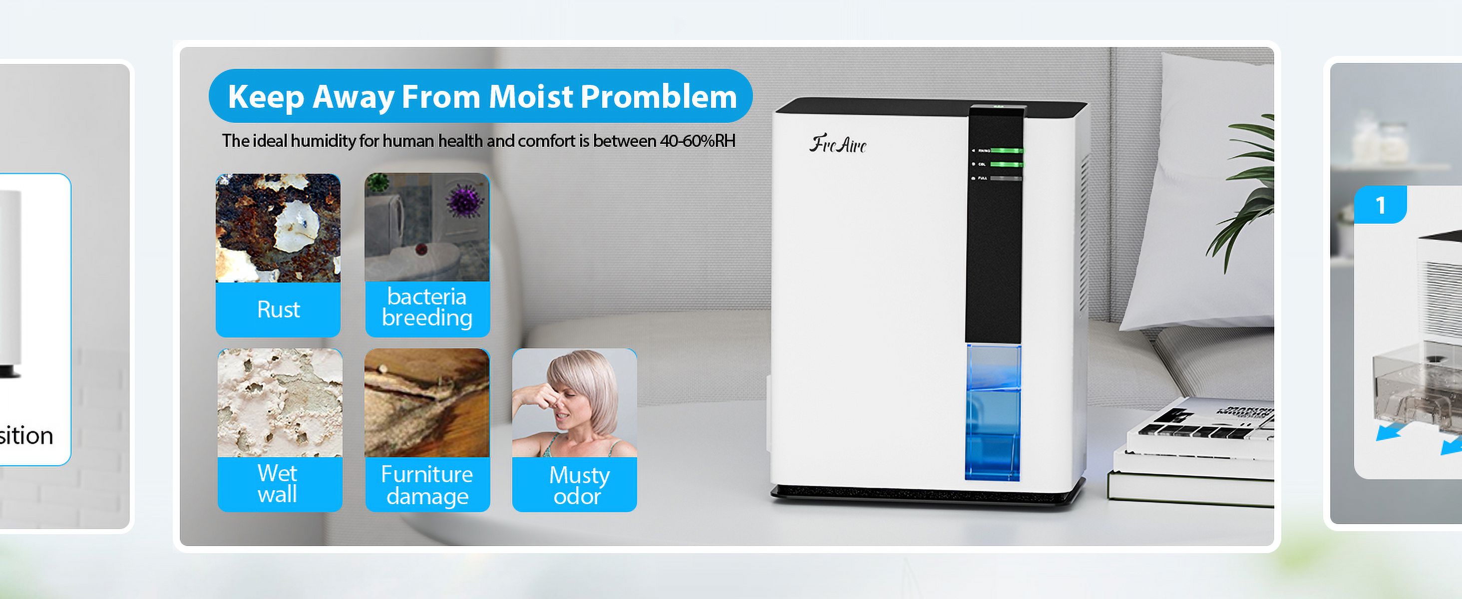 Aeitto Dehumidifier, 2 Pints, 650 sq ft, White - Automatic Shut-Off