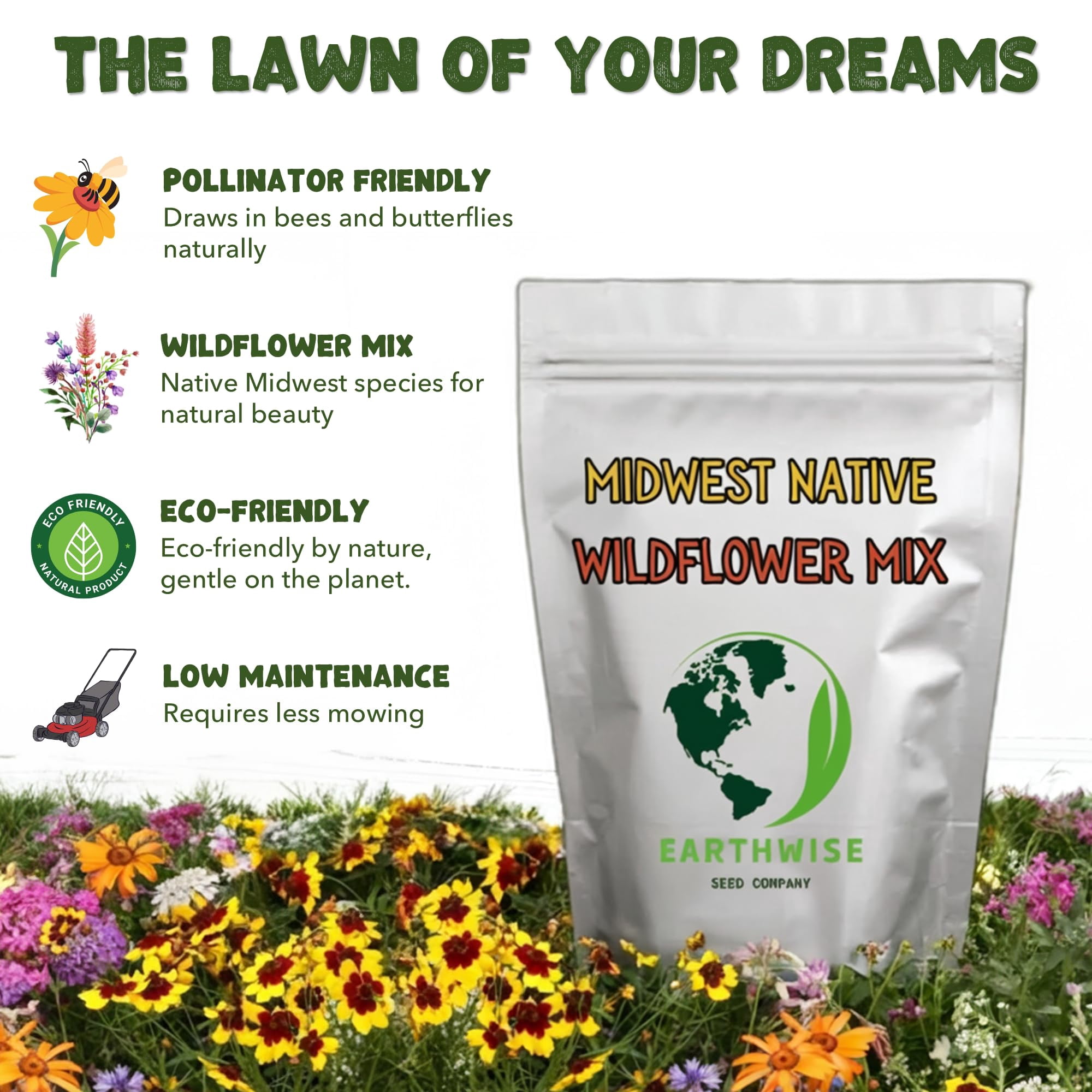 Earthwise Midwest Native Wildflower Seed Mix, 1/4 lb, Covers 250 sq ft, Region-Specific Flowers for Pollinators & Meadowscaping