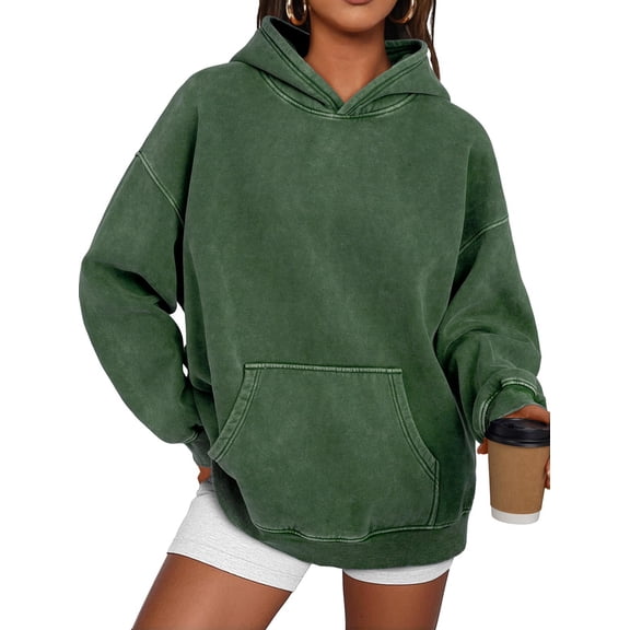 Oversized Hoodies for Women Acid Wash Sweatshirt Cute Pullover Fall Winter Long Sleeve Shirts Dark Green S