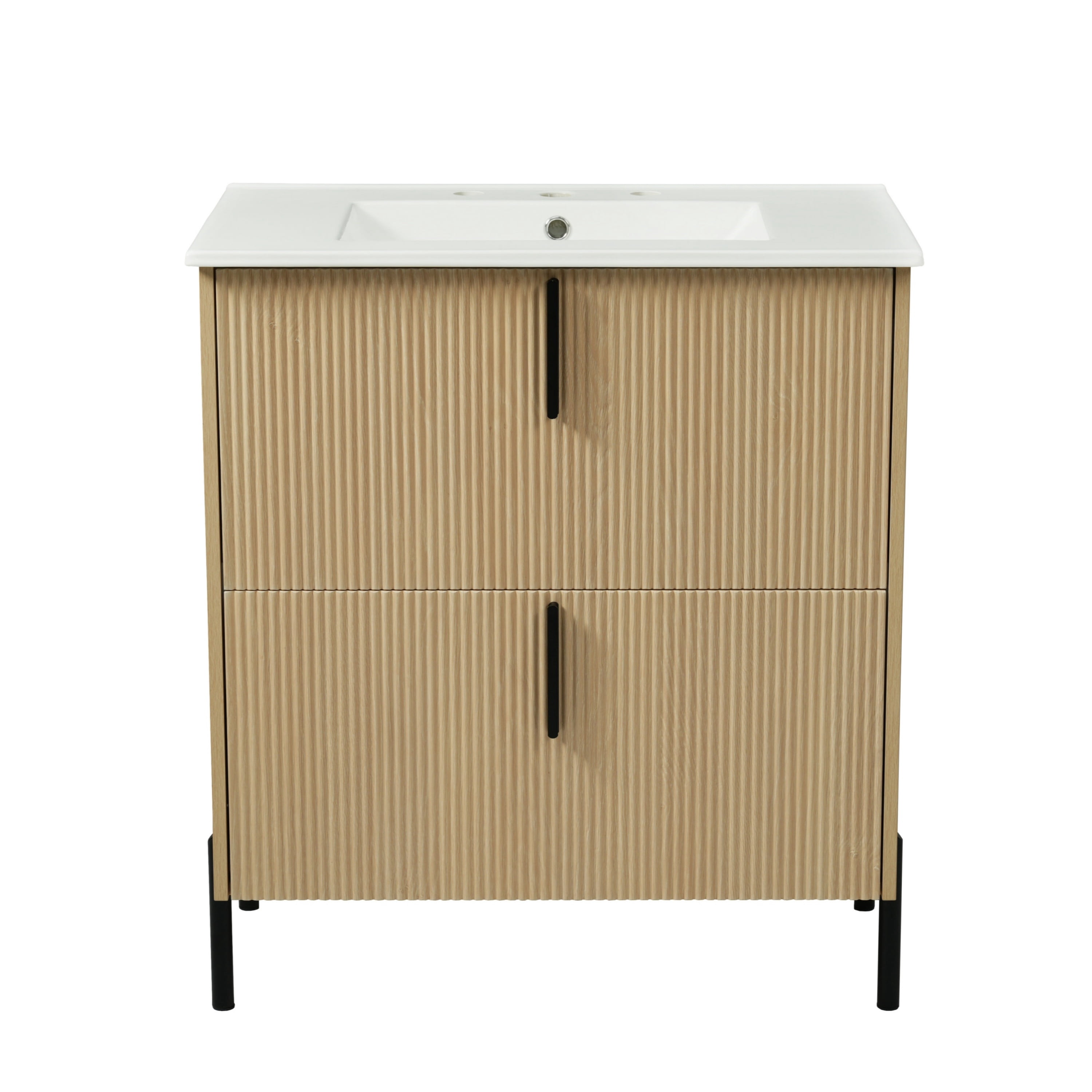 30" Bathroom Vanity with Ceramic Sink and Full-Extension Drawers, Soft Close Undermount Drawer Slides, Fluted Design, Natural