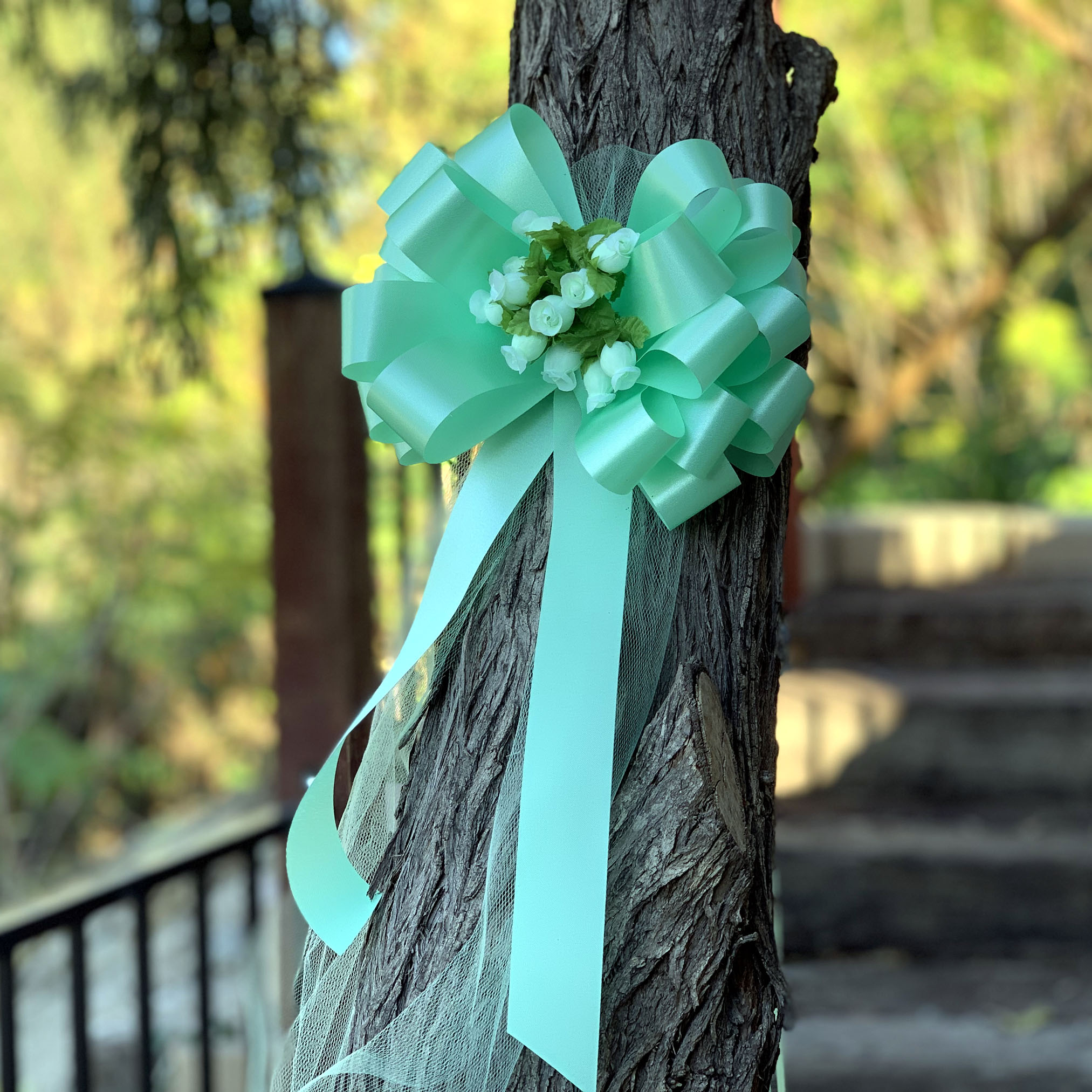 Mint Green Pull Bows with Tulle Tails and Rosebuds - 8" Wide, Set of 6, St. Patrick's Day, Wedding Pew Bows, Aisle Decoration, Reception, Anniversary, Christmas