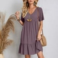 thumbnail image 6 of Luxalzxs Beach Dresses for Women Vacation Short Sleeve V Neck Mini T Shirt Dress Pleated Ruffle Flowy Summer Dress Casual Swing Tiered A Line Sundress, 6 of 8
