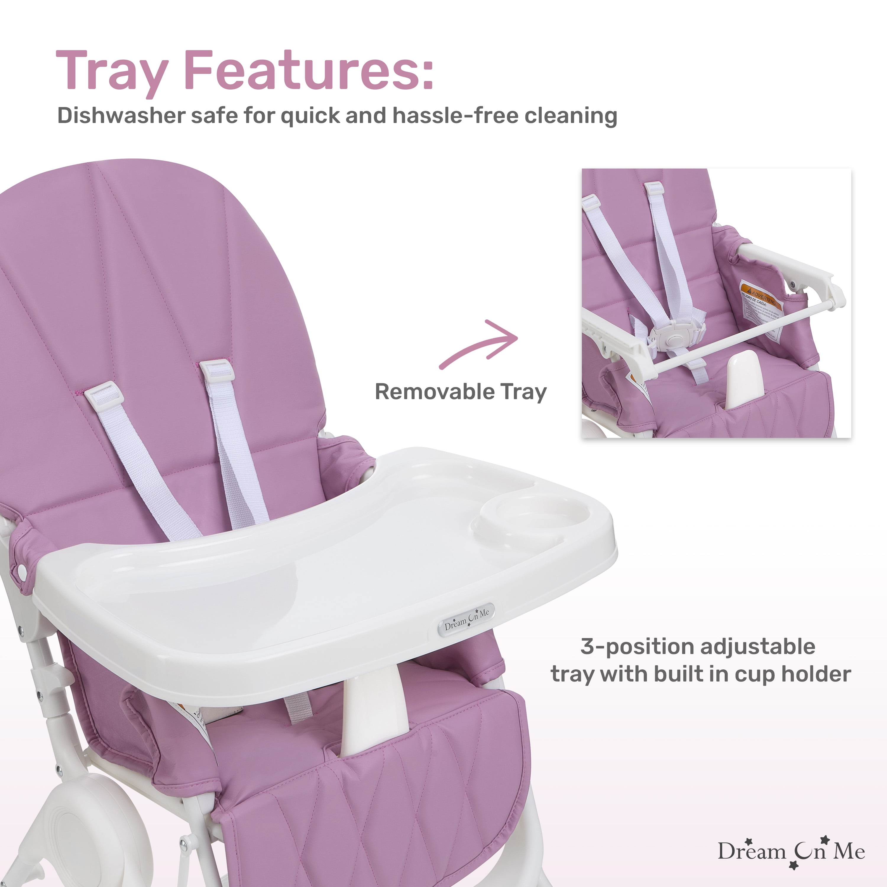 Dream On Me Snack and Stow Baby high Chair, Easy to fold and Store Travel high Chair, Removable and Three Position Adjustable Tray Portable high Chair, Mauve