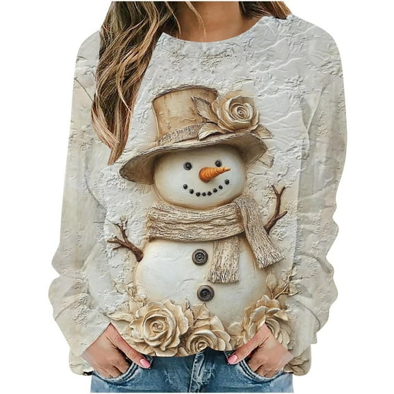 Lorytime Womens Crewneck Sweatshirt Athletic Christmas Snowman Print Shirt Long Sleeve Pullover Loose Tops